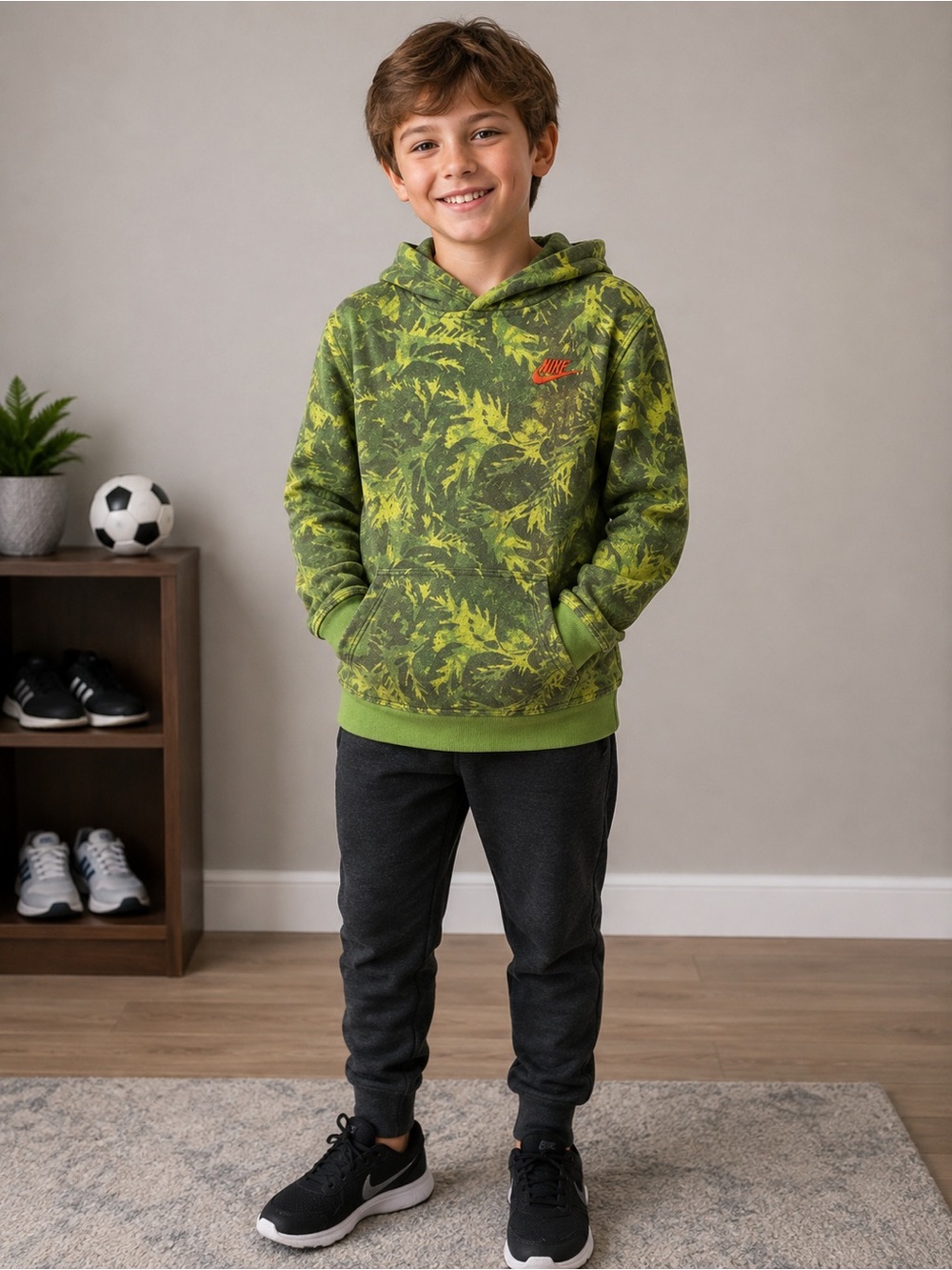 Nike Boys Green Camo Print Pullover Hoodie Size Medium